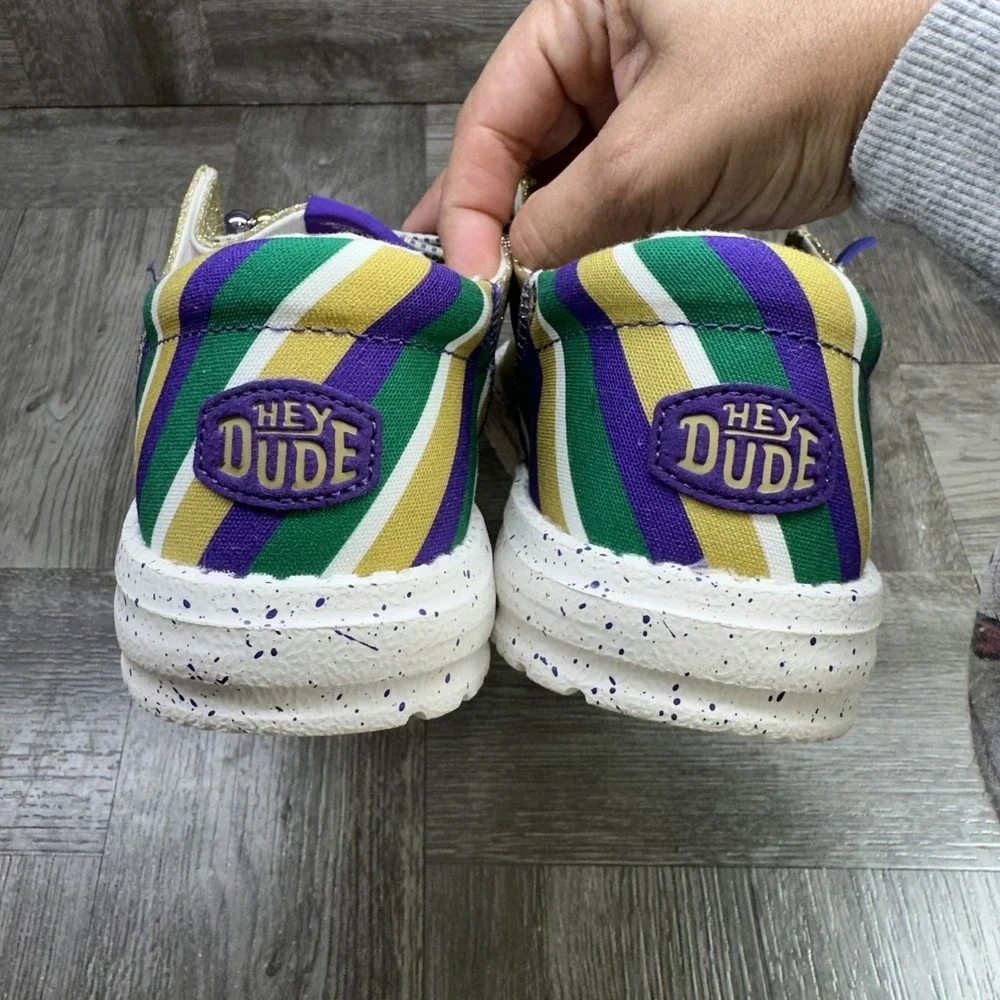 Hey Dude Gold Glitter Wedges with Green, Purple & White Stripe Accents